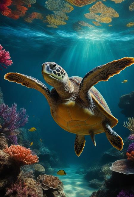 Create a ((wallpaper painting)) picture of one turtle underwater,  traditional finish, wallpaper style, vibrant beautiful colors, highly detailed, aesthetic, great lighting, extremely detailed,  award winning, perfect composition, a rich and complex image of nature, a vibrant tissue of hues and textures captured digitally, best quality, realistic, captivating, intricately detailed, hyper detailed, maximalist style, photorealist, sharp focus, dynamic lighting, superb composition, finest details, highest aesthetics, best quality, sharp focus, high contrast, stylized, clear, colorful, ultra quality, 8k, best quality, masterpiece,midjourneyv6.1, double exposure, g