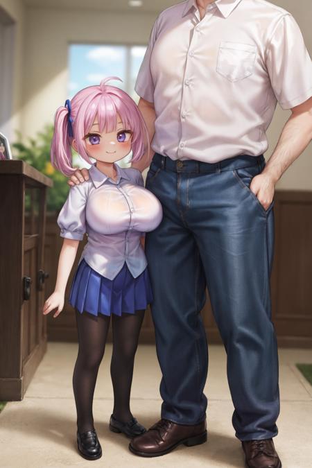 <lora:opll-sizediff3:0.8>  , masterpiece, (age difference, size difference, faceless man standing behind), 1girl, full body, huge breasts, uniform, pantyhose, smile, father and daughter