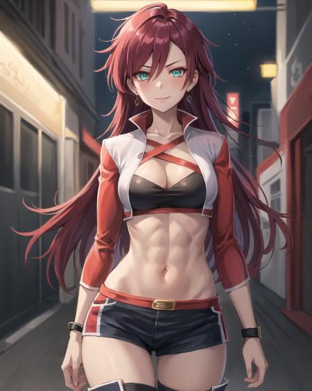 best quality, (masterpiece:1.2), illustration, absurdres,
(1girl, solo), (beautiful detailed girl), cowboy shot,
<lora:CelisRaceQueen-08:0.8> , Celis Ortesia, red hair, long hair, messy hair, aqua eyes, small breasts, (abs:0.9), (steel earrings:1.1),
race queen outfit, thigh_boots, shorts, hotpants, short_shorts, red sleeves,
(angry:0.8), smile, looking at viewer,
city street, modern city, neon lights, night, (cyberpunk:0.8),,