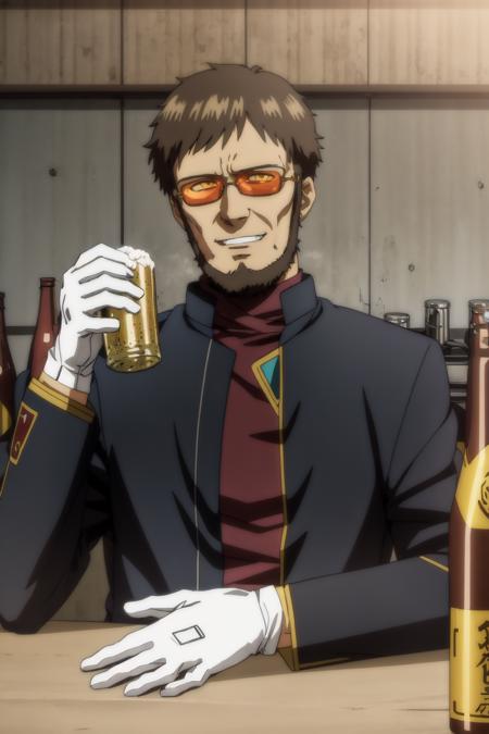 1boy, solo, portrait, ikari gendou, black hair, beard, facial hair, black jacket, red turtleneck, yellow sunglasses, white gloves, smiling, sitting, bar in the background, holding a beer, bottles, night, detailed, complex background, best quality, anime screencap <lora:ikari_gendo_v103:1>