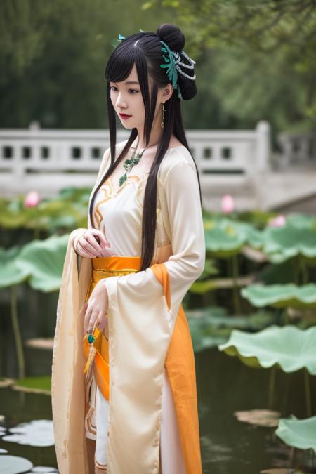 tangyurou, 1girl, solo,cosplay,  china dress, chinese clothes, hanfu, long sleeves, shawl, jewelry, necklace,