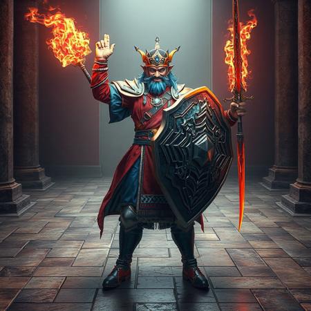 "Epic Full-Body Detail: A victorious Coach King Giantrainer, dressed in vibrant red and blue, stands on an aged tile floor, holding a Cyber Shield and a Flaming Dragonswords. The setting is an Altar of the Bound Deity, which provides a neutral backdrop that highlights the Coach King Giantrainer. This 4K image boasts exceptional quality, dynamic composition, harmonious colors, and vivid details, including a super detailed face, eyes, clothes, and weapons. The image exudes a joyful and powerful energy, with a captivating use of light and shadow. Trending on Artstation HQ."