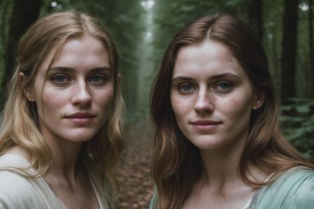hyper realistic photograph, film grain, Kodak portra 800, f1.8, close up of two beautiful 18yo lannister women,  walking through a dense forest, haze,  fog, dim diffuse light, detailed faces, beautiful faces, beautiful eyes, piercing eyes, gaunt, tired, dehydrated, crazy smile, unhinged, psychopathic