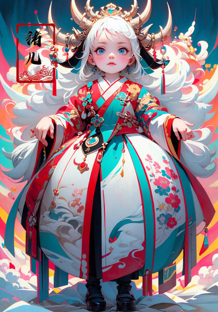 32K, Surreal, best quality, masterpiece, highres, original, extremely detailed wallpaper,
perfect lighting, UHD, white hair,Zhang Jingna,in the style of aggressive digital illustration, bold and colorful portraits, lit kid, Picasso,Hikari Shimoda(full body:1.2), (East Asian architecture:1.3)
(Blue road robe1.3)
<lora:~Q?-YG^{Zwith horns:0.8>