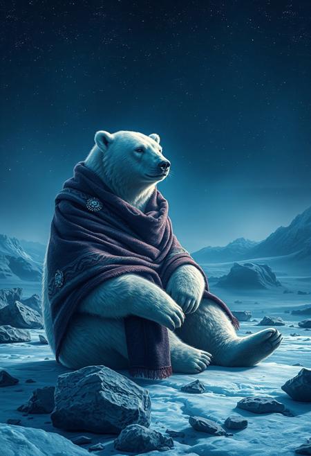 In this captivating realistic shot, an anthropomorphic polar bear dressed in a richly textured, jewel-toned shawl sits contemplatively on a desolate, icy landscape under a star-filled night sky. The polar bear, exuding wisdom and a touch of loneliness, appears to be lost in thought amidst the frigid, rocky terrain. The vibrant, predominantly cool-toned palette of blues and purples creates an atmospheric scene, with a bright, starry sky providing a contrasting backdrop. The bear's intricately detailed fur and the shimmering, jewel-like embellishments on the shawl catch the eye, while the soft, diffused lighting adds depth and dimension to the scene