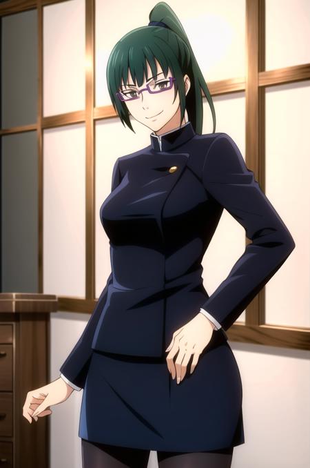 (masterpiece), high quality, (detailed background:1.3), 1girl, solo,
<lora:MakiZenin-v2-05:0.65>, ChopioMakiZenin, long hair, green hair, blunt bangs, high ponytail, brown eyes, glasses, semi-rimless eyewear, (looking at viewer:1.3),
hair tie,
outfit_1, gakuran, blue jacket, long sleeves, blue skirt, black pantyhose,
school, indoors,
standing, (sexy smile, sexy pose:1.4),