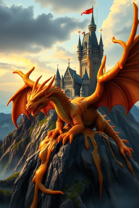 caraf, artistic fantasy painting of a caramel dragon guarding a big castle on top of a hill. stunning scenery, early morning light, deep shadows. The castle is made of caramel.