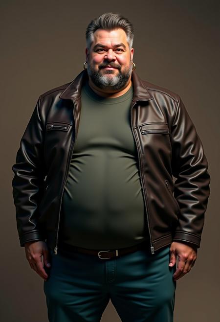 photograph, cozy and warm, Hugo: 40 years old european, stocky chubby musclechub, doublechin, puffy cheeks, hairy chest, big round belly without a six-pack without abs, 185cm. wearing a biker jacket with tshirt underneath, teal leather pants, Grayish stubble, brown-gray hair, hairy arms, golden earring, architect university professor, wise and calm expression. Pose: Hugo full body shot, teaching at the university, character design turntable zbrush texture, sci-fi, futuristic. Add some accessories to the character.