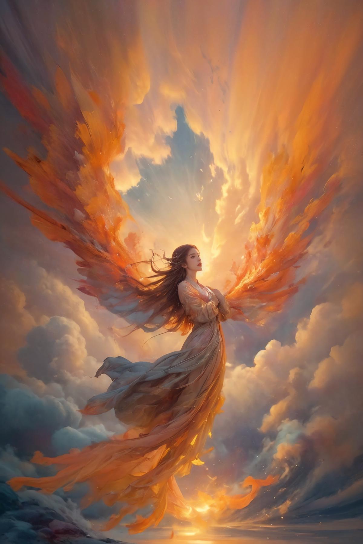 A beautiful angelic woman with wings, dressed in white, flying through the clouds.