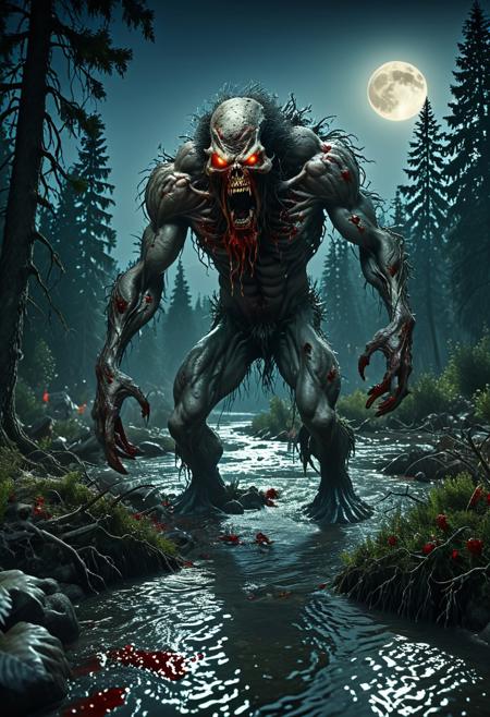 Enraged, massive zombie with a brain composed of muscles and tendons, a hairy demonic creature with a tooth saw, copious blood, captured in found footage, lurking beneath a bloody river during a full moon, surrounded by conifers as a dismembered tree lies nearby.