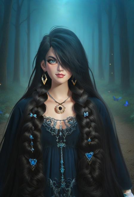score_9_up, score_8_up, score_7_up, castle background, dark theme, low light, character focus,  female focus, eyeglasses, blue triangle earrings, earrings, necklace, (closeup, upper body, cowboy shot), (black hair, hair over one eye, absurdly long hair, very long hair, floor length hair, twin braids:1.2), Umbra Witch Black Dress, White Gloves, <lora:add-detail-xl:1.5>