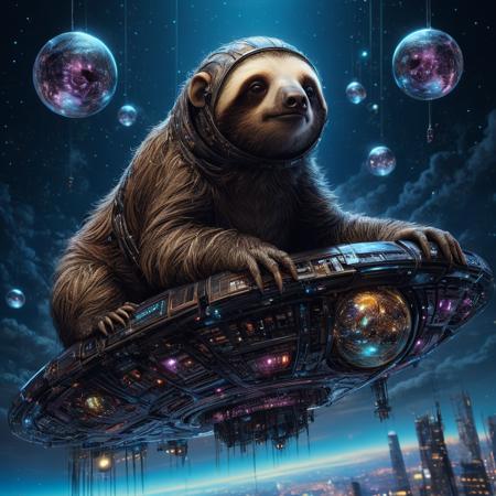 fully body beautiful cyberpunk sloth floating in the night sky surrounded by orbs, heavenly, epic, highly detailed, by russ mills, by josephine wall, by Edwin Deakin,hyperdetailed masterwork by head of prompt engineering  <lora:add-detail-xl:4>  <lora:CyberPunkAI:1>