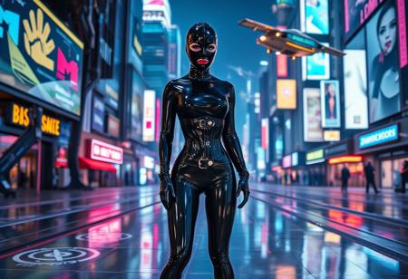 a cowboy shot of A woman dressed in a sleek black latex catsuit and black latexHood stands in a post apocalyptic setting. The catsuit clings to her form, reflecting the ambient neon lights that illuminate the scene. She stands in a high-tech cityscape, surrounded by towering giantess cyborg women with holographic advertisements and flying vehicles zooming through the air. The ground beneath her is a glossy, metallic surface with futuristic symbols glowing faintly. The atmosphere is a mix of cyberpunk and sci-fi, with vibrant neon colors contrasting against the dark, sleek architecture. she has no hair.