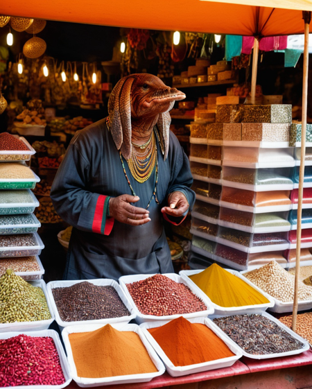 portrait of A shrewd Bangaa trader with brown scaly skin an his whole body and a friendly expression talking to customers, at a colorful market stall, surrounded by an abundance of goods such as spices, fabrics, jewelry, and artifacts. He is skillfully negotiating with customers of various races. The stall is richly decorated with vibrant cloths and displays of exotic items, showcasing the trader's diverse collection. The background features a bustling market scene with other vendors, shoppers, and a lively atmosphere of commerce and interaction.