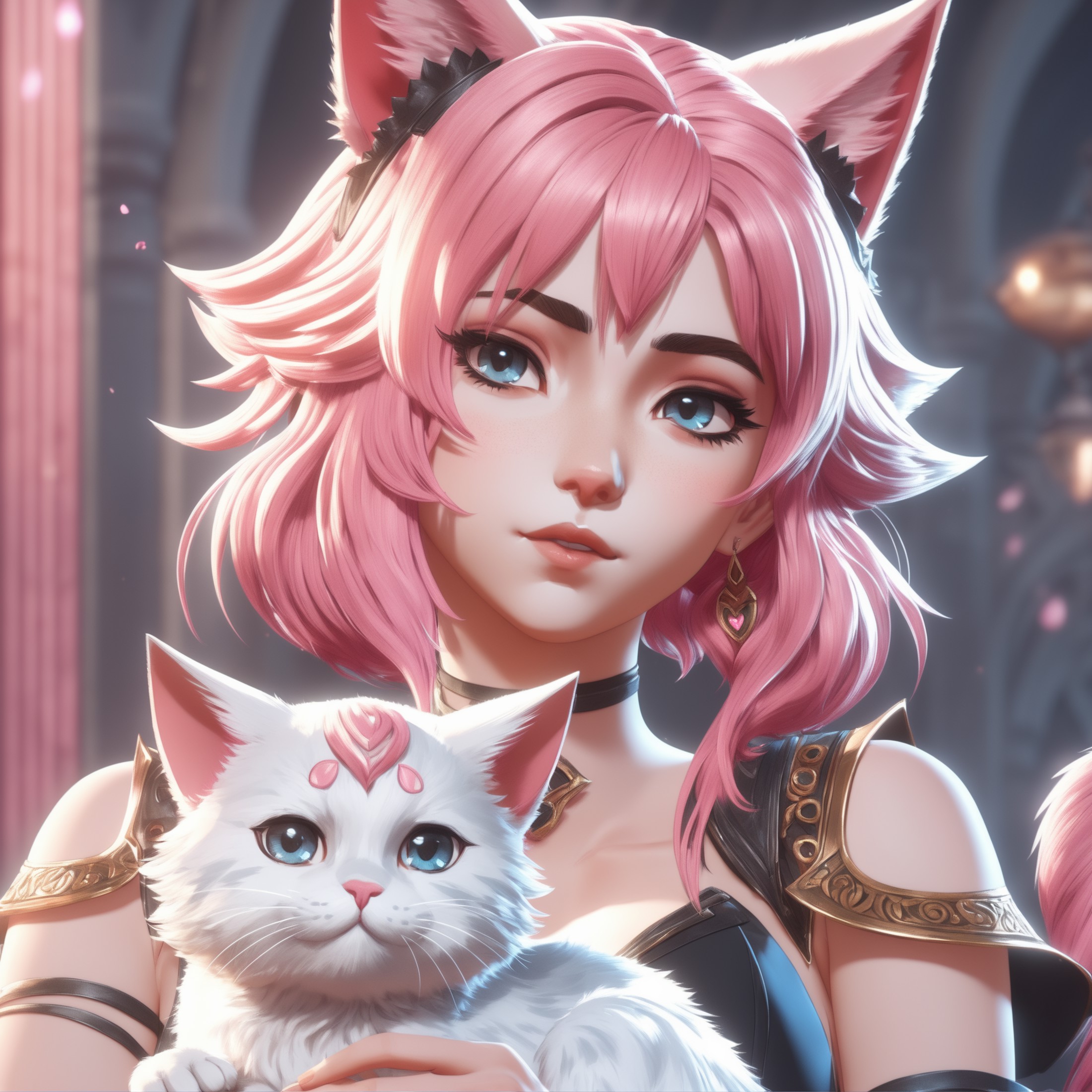 masterpiece, best quality, (1girl), arcane, beautiful detailed eyes, looking at viewer, upper body, pink hair, shy, cat ea...