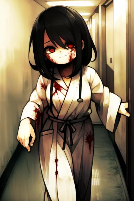 yukino-super style,masterpiece, best quality, 1girl, pale skin, black hair, messy hair, red eyes, glowing eyes, creepy, creepy smile, crazed expression, blood on face, blood on clothes, walking, slumping, hanging arms, loose arms, white hospital gown, hospital gown, hospital, hallway, dark, lights, creepy, scary, blinking lights, blood, horror, dim light<lora:yukino_super:1>