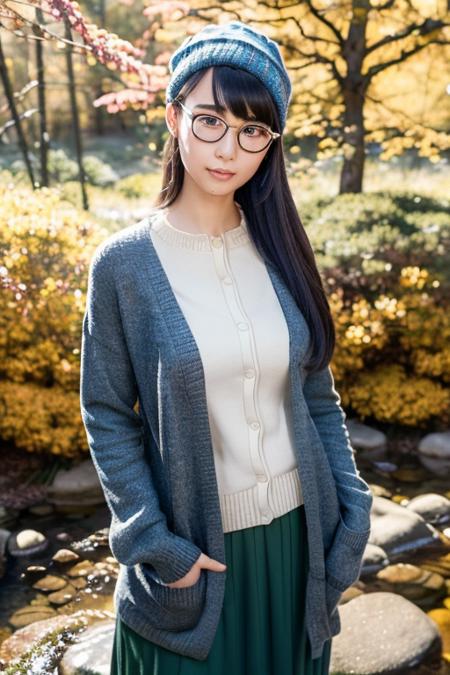 1girl,(wearing a cardigan and long skirt:1.2),(wearing a wooly beret),(RAW photo, best quality), (realistic, photo-realistic:1.4), masterpiece, an extremely delicate and beautiful, extremely detailed, 2k wallpaper, Amazing, finely detail, extremely detailed CG unity 8k wallpaper, ultra-detailed, highres, soft light, beautiful detailed girl, extremely detailed eyes and face, beautiful detailed nose, beautiful detailed eyes,cinematic lighting,(in a beautiful forest of pine trees at a Japanese countryside),(autumn scenery:1.3),(maple trees in autumn),(by a small rocky river),(morning light),perfect anatomy,slender body,smiling, <lora:hashiyasumeatsuko_lora:0.8>,(wearing glasses)