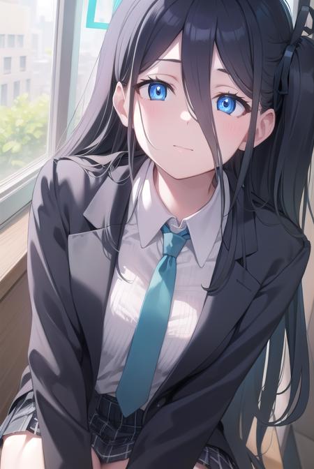 bluearchivearis, <lyco:bluearchivearis-lyco-nochekaiser:1>, 
aris, black hair, blue eyes, hair between eyes, halo, long hair, one side up, hair ribbon, (flat chest:1.2),
BREAK necktie, blue necktie, jacket, skirt, school uniform, white shirt, collared shirt, black skirt, white jacket, long sleeves,
BREAK looking at viewer, 
BREAK indoors, classroom,
BREAK <lyco:GoodHands-beta2:1>, (masterpiece:1.2), best quality, high resolution, unity 8k wallpaper, (illustration:0.8), (beautiful detailed eyes:1.6), extremely detailed face, perfect lighting, extremely detailed CG, (perfect hands, perfect anatomy),