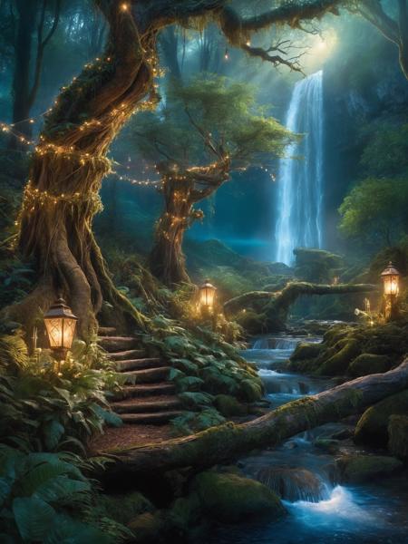 enchanted forest at twilight, ethereal light filtering through ancient towering trees, vividly detailed lush undergrowth, mystical creatures lurking in the shadows, sparkling fairy lights weaving through the foliage, a crystal-clear stream with water so pure it glows, cascading waterfall in the background with magical properties, fantasy wildlife drinking at the water's edge, highly detailed, photorealistic textures on every surface, soft diffused lighting creating a serene atmosphere, high dynamic range, ultra HD 8K resolution, depth of field emphasizing the magical focus points, art by Thomas Kinkade and Roger Dean, immersive, otherworldly beauty captured in cinematic quality,