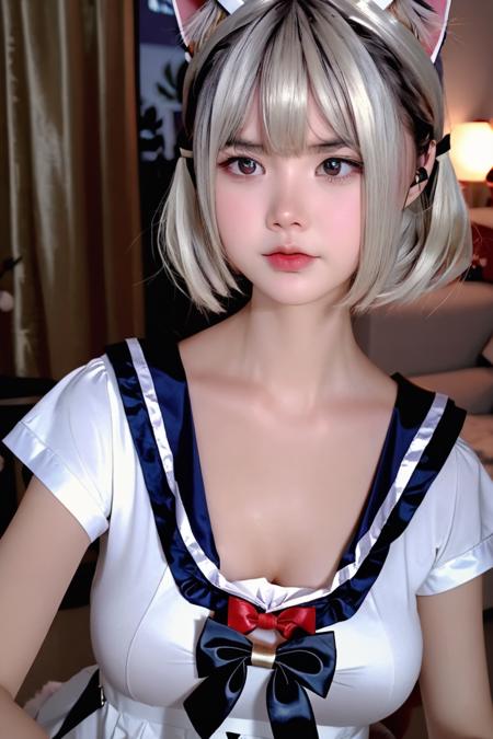 cat ears, bowtie, sailor collar, black eyes,
<lora:XiaMo_XL-000010:0.8> xiamo 1girl, indoors, breasts, short hair, white dress, bangs, contrast, shiny, shiny hair, shiny skin, shiny clothes, masterpiece, extreme details, detailed, focus, masterpiece, realistic, photorealistic, 4k, 8k, 16k, highres