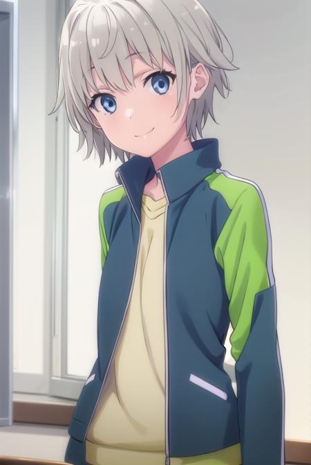 saikatotsuka, <lora:saika totsuka s2s3-lora-nochekaiser:1>,
saika totsuka, blue eyes, ahoge, grey hair, male focus, smile,
BREAK jacket, green jacket, shirt, white shirt, open jacket, shorts, green shorts, raglan sleeves,
BREAK indoors, classroom,
BREAK looking at viewer, (cowboy shot:1.5),
BREAK <lyco:GoodHands-beta2:1>, (masterpiece:1.2), best quality, high resolution, unity 8k wallpaper, (illustration:0.8), (beautiful detailed eyes:1.6), extremely detailed face, perfect lighting, extremely detailed CG, (perfect hands, perfect anatomy),