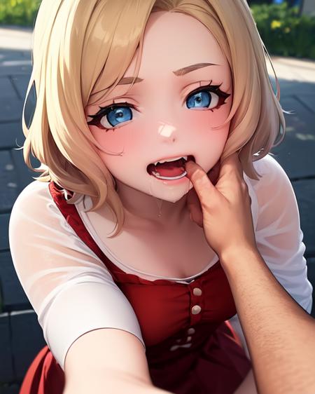 <lora:FangInspectionDayV2:1>(fiday:1.0)
(1girl), (finger in another's mouth:1.4),  pov, pov hands, open mouth, drool,
marilyn monroe, blonde hair, blue eyes, red dress