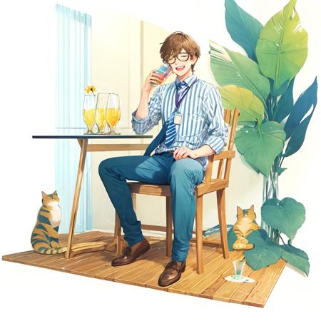 1boy, male focus, brown hair, shirt, cat, closed eyes, necktie, pants, chair, sitting, blue necktie, brown footwear, striped, blue pants, solo, collared shirt, open mouth, plant, cup, striped shirt, short hair, calico, smile, white shirt, table, animal, drinking glass, lanyard, animal on lap, full body, on lap, shoes, glass, ice cube, eyewear removed, vertical stripes, leaf, holding, long sleeves, vertical-striped shirt<lora:keishin:1>