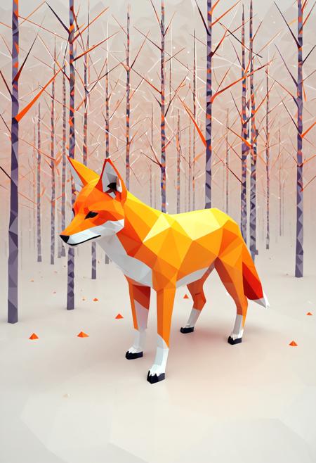 , polygon style, geometric fox, low-poly animal, angular fur, clean polygon edges, symmetrical design, digital art, orange and white color scheme, polygonal autumn forest background, stylized trees, geometric leaves, minimal mist