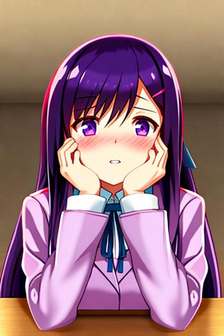 1girl, yuriddlc, solo, knife, blood on hands ,purple eyes, long hair, hair ornament, purple hair, hairclip, school uniform, blush, looking at viewer, jacket, parted lips, ribbon, interlocked fingers, own hands together, hair between eyes, bangs, long sleeves, wide-eyed, school background,