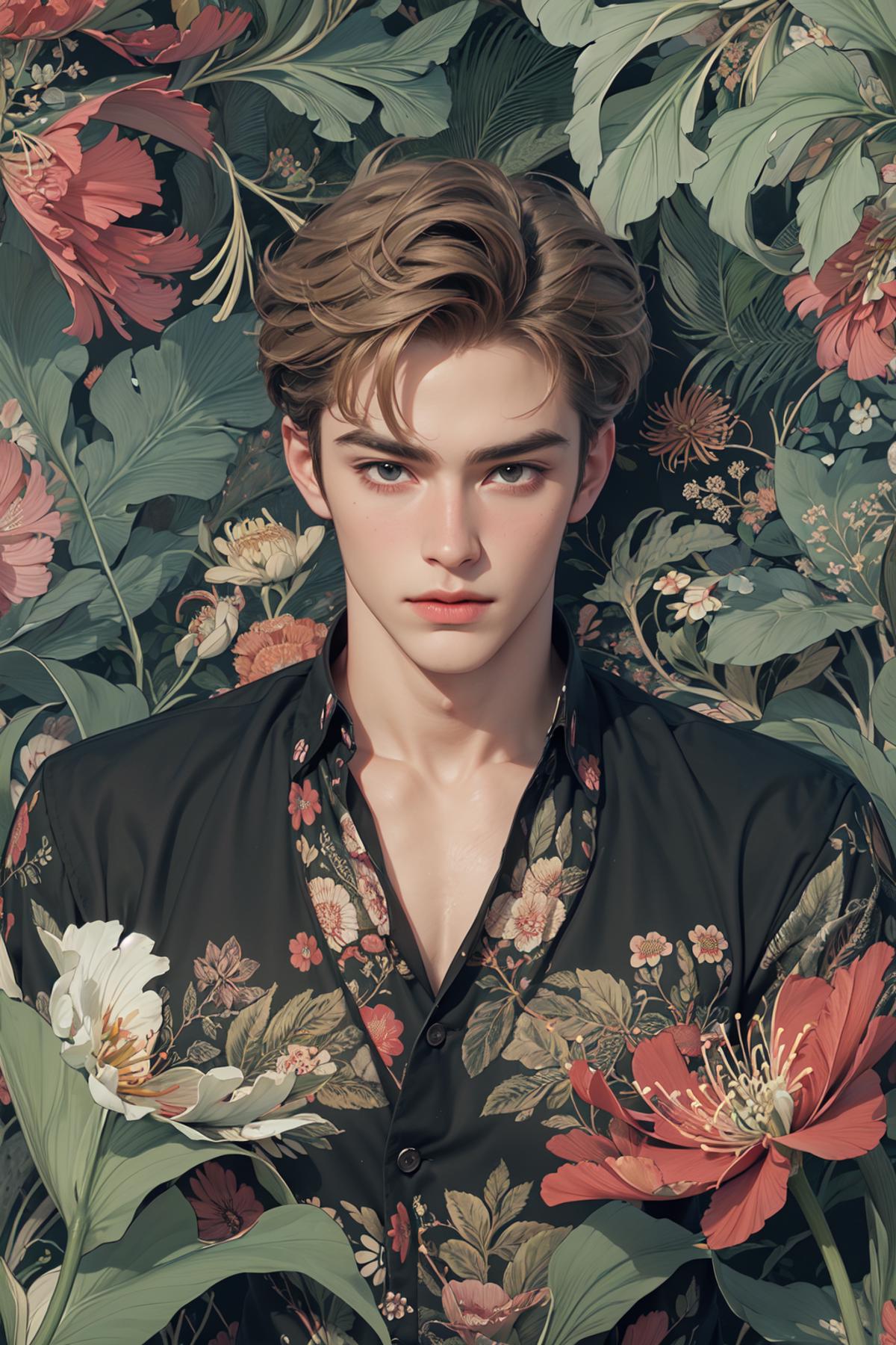 A handsome young man with brown hair and a flowered shirt.