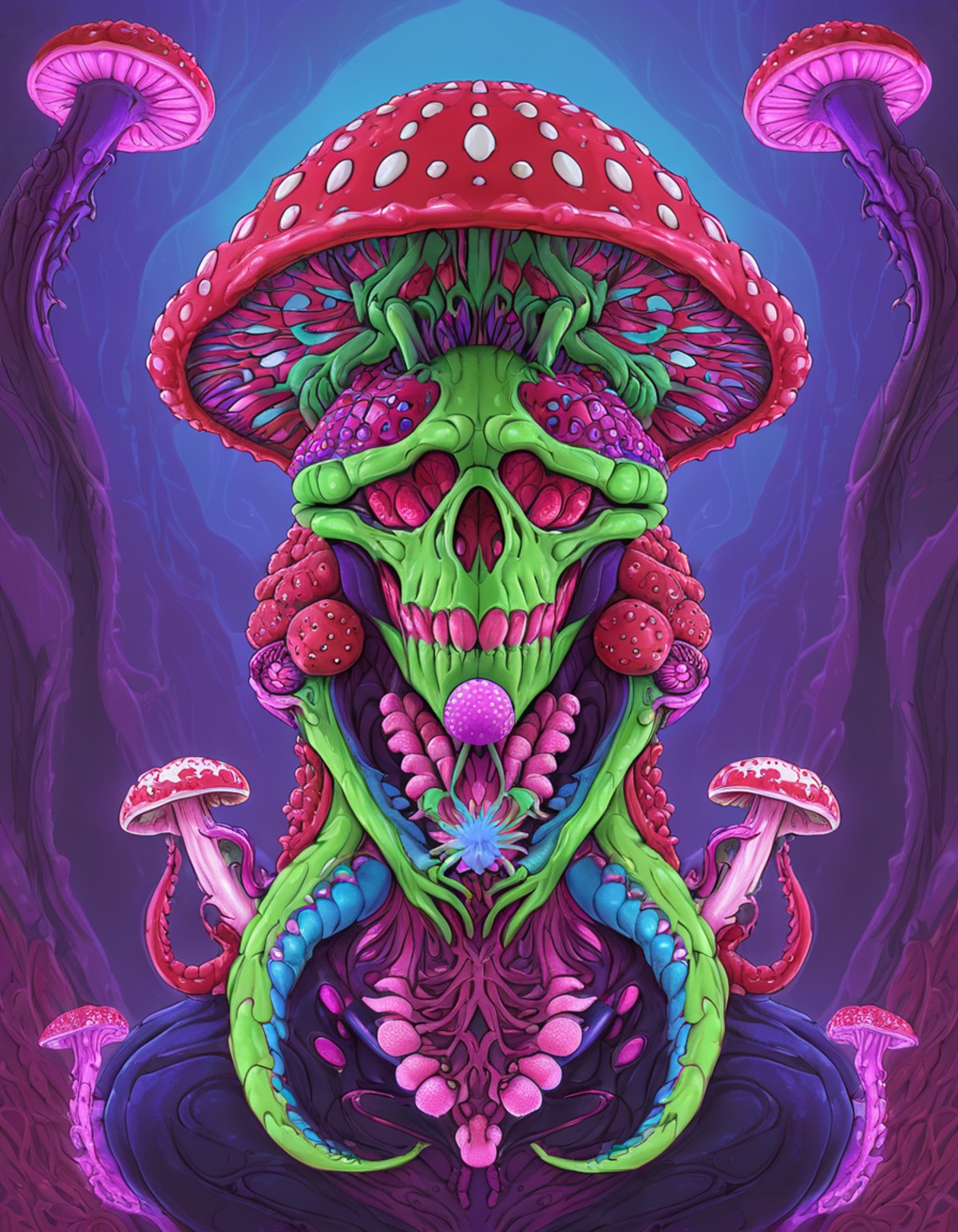 <lora:brho:0.5>brho, creature, amanita muscaria head, psychedelic, green and pink tentacle tongue, purple blue pink mantis...
