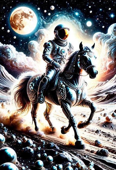 Pearlum, A majestic astronaut, adorned in a spacesuit made of pearl, rides gracefully atop a galloping horse across the desolate yet enchanting lunar landscape. The horse's powerful strides leave a trail of dust in its wake, as the astronaut's determination to explore this unfamiliar terrain is evident in their determined gaze. The unique beauty of this surreal scene is heightened by the vibrant pearl-hued light that filters through the moon's ethereal atmosphere, casting an ethereal glow upon the rider and their steed.<lora:Pearlum_World_Morph:1>