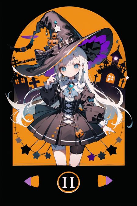 <lora:KAWAII STYLE:1>
detailed, ultra-detailed, masterpiece, 8k wallpaper,
(kawaii style:1.5),(player interface:1.5),
child,petite, cure lovely, round face, 
1girl,(halloween:1.3),(jack-o'-lantern:1.3),(night:1.3),(dark:1.3), hat, solo, witch hat, blue eyes, bow, dress, long sleeves, black dress, hat bow, long hair, looking at viewer, black headwear, star (symbol), closed mouth, bangs, witch, hand up, white hair, cowboy shot, jewelry, brooch, blue bow, white neckwear, puffy sleeves, star print, standing, bike shorts, puffy long sleeves, ribbon 
