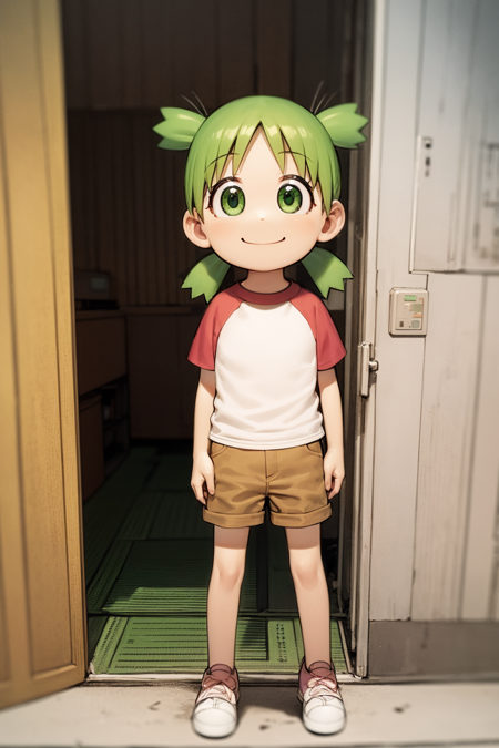 masterpiece, best quality, 1girl, yotsuba, green eyes, green hair, parody, quad tails, raglan sleeves, shorts, smile, solo, simple background <lora:YotsubaKoiwai:1>