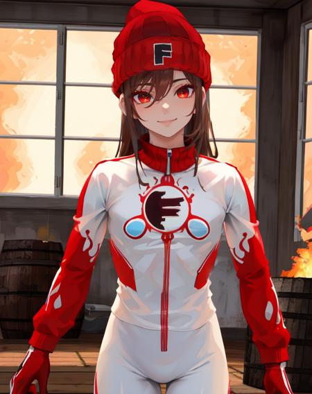 Heat, brown hair, red eyes, white and red body suit,   red beanie with letter F, gloves, 
solo, standing, smile, 
 burning building, windows, barrels, indoors, 
 (insanely detailed, beautiful detailed face, masterpiece, beautiful detailed eyes, best quality)
 <lora:heat-10v6:0.7>