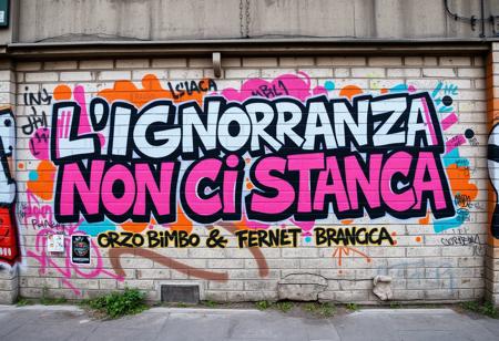 Graffiti mural on a large urban wall, with bold, vibrant spray-painted text reading ‘L’IGNORANZA NON CI STANCA - ORZO BIMBO & FERNET BRANCA’ in a mix of playful and gritty fonts. The wall is weathered, covered with artistic flourishes, paint splatters, and abstract shapes, giving it a raw, street-art vibe. Surround the text with vivid, dynamic colors—splashes of orange, blue, and pink. The letters are outlined in thick black strokes, with some 3D effects, shadows, and highlights to make them pop from the brick surface. The background features rough brick and concrete textures, along with faded posters, stickers, and smaller tags from other graffiti artists, adding authenticity to the scene. A few subtle details like plants or urban decay elements, such as cracks in the wall, can be visible to enhance the atmosphere of a lively urban street corner. The overall look feels spontaneous, rebellious, and energetic, capturing the spirit of street art.