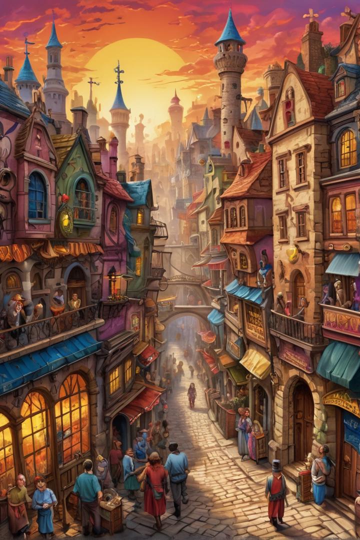 A vibrant and colorful scene of Ankh-Morpork, painted in a whimsical style. absurd caricature, sexy,