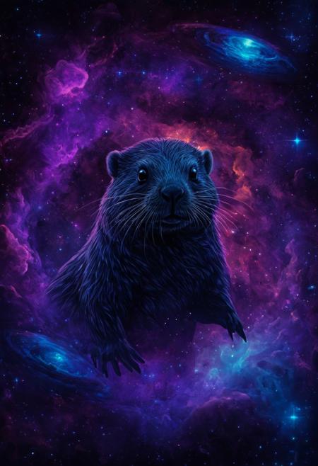 blacklight art, a beaver shaped starship in deep space. nebula background.