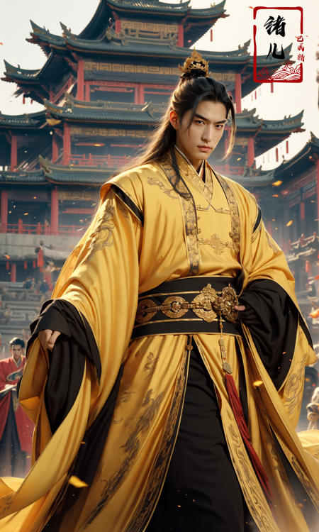 Epic CG masterpiece, A Chinese Tang dynasty emperor,by guopei Wuxia,handsome, MAX Masculinity, straight crown, golden Taoist robe, palace background, Tang dynasty, royal, dynamic poses, stunning colors, 3D rendering, surrealism, cinematic lighting effects, realism, 00 renderer, super realistic,
<lora:~Q?-vY*[Proyal:0.9>