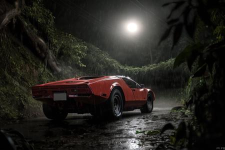 analog gloomy photo of a red Pantera car,  <lora:p4nt3r4:1>, driving through the jungle (at night), ((heavy rain)), panthers and leopards walking around, ((nighttime)), High Detail, Sharp focus, (photorealism), realistic, best quality, 8k, award winning, dramatic lighting, epic, cinematic, masterpiece, rim light, ambient fog:1.2, summertime, heat distortion, black birds,