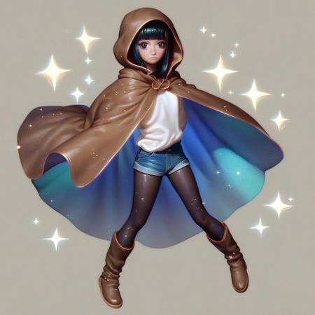 score_9,score_8_up,score_7_up,score_6_up,score_5_up,score_4_up, ral-opal,realistic, colored eyelashes, sparkly eyes, glitter, sparkle, big eyes, Solo, 1girl, solo, shorts, pantyhose, hood, brown footwear, full body, boots, black hair, shirt, hood up, looking at viewer, blue shorts, denim, closed mouth, white shirt, blunt bangs, cloak, blue pantyhose, simple background, black pantyhose, hooded cloak, pantyhose under shorts, denim shorts, black eyes