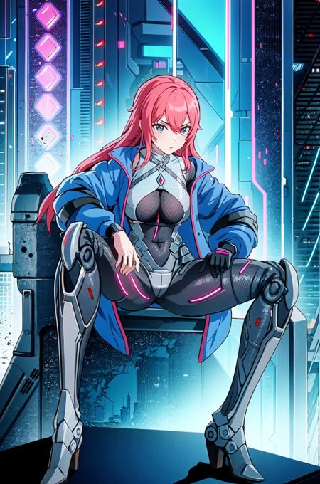 bodysuit red hair blue jacket pony tail