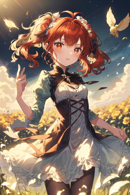 masterpiece, best quality, 1girl, cowboy shot, standing, swept bangs, medium hair, twintails, red hair, dress, frills, outdoors, scenery, field, flower, natural lighting, day, blurry background, <lora:kogane:1>