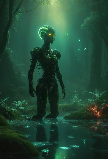 Ultrarealistic. sharp focus, dynamic lighting. play of light, reflection, refraction, Raytracing, Ultra detailed. Alien themed. Alien scenery. alien scenery background. alienworld. A gorgeous female robot in an alien forest. surrounded by ice.enchanting, cosmic, celestial, ethereal, vibrant flora, magical, luminous, serene, dreamy, radiant, bioluminescent, intricate details, surreal, enchanted forest