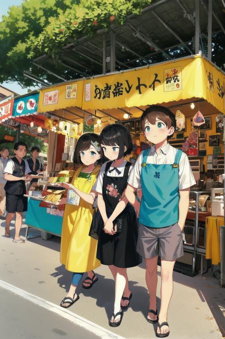 masterpiece, best quality, ultra-detailed, illustration,
omatsuri, food stand, multiple boys, food, shirt, outdoors, scenery, short hair, multiple girls, tree, holding, black hair, apron, day, sandals, 3boys, standing, headband, shorts, brown hair, walking, 
<lora:omatsuri_V4_1.0_OUTD_Resize_DIM8:1>