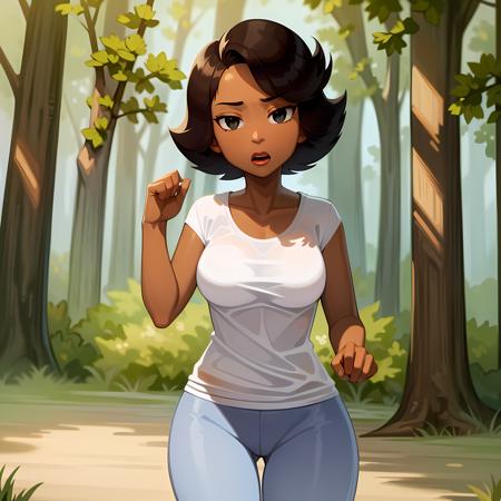 ((masterpiece, best quality)),(complex lighting) , solo ,1girl, upper body, donna tubs,  dark skin,  <lora:DonnaTubbs1-10:0.8>,short hair, white shirt,blue pants, black eyes, walking, forest,