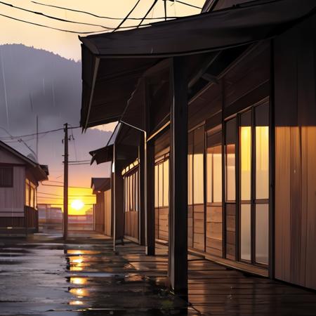 (high quality), no humans, wooden house, street, rain, sunset, (depth of field), <lora:Sawaato_Art_Style:0.6>