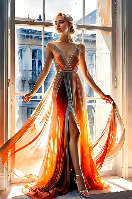 young beauty girl, porvocative standing pose, slinky (sheer), dress, extreme plunging neck line, extreme slit, looking at you, window light, warm triadic color, ethereal, dreamy, magical, detailed ink and watercolor wash illustration, white hairs, absurdres, masterpiece, 8k, high detail, intricate, best quality, watercolor painting, vibrant, beautiful, painterly, detailed, textural, artistic