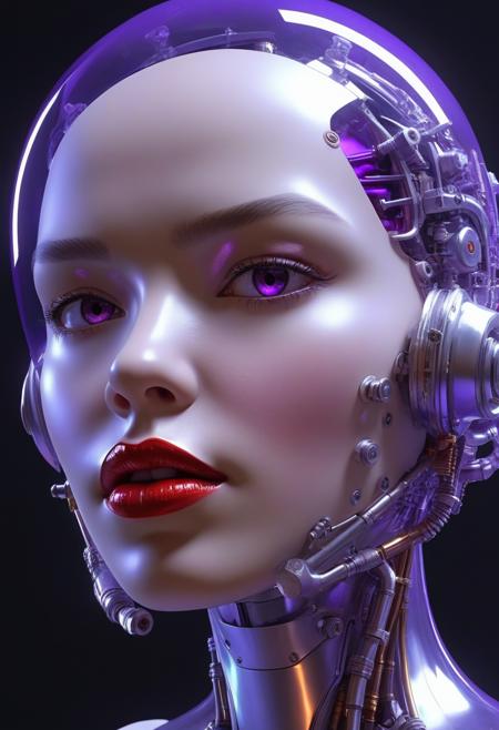 1girl,  mechanical crystal face, extremely detailed, tubes hair, realistic, mask, purple energy transfer, digital forehead, from side, looking at viewer, covered face, red lips, see-through,, masterpiece, best quality, uncensored,