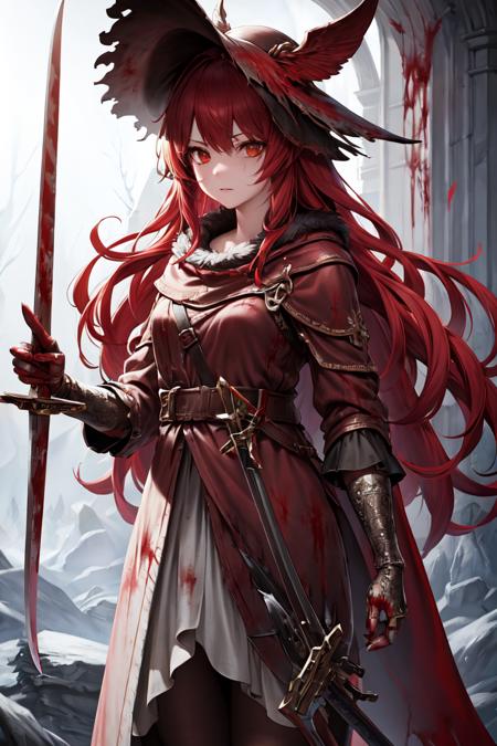 ((best quality)), ((masterpiece)), (detailed), ultra detailed, 1girl, solo
stare, looking at viewer, (interview:1.3),
malenia blade of miquella,
<lora:MaleniaMv3:0.7>
1girl, blood, blood_on_clothes, blood_on_hands, blood_on_weapon, blood_splatter, blood_stain, feathers, gloves, guro, hat, hat_feather, helmet, holding, holding_weapon, long_hair, red_hair, solo, sword, weapon,
((anime))